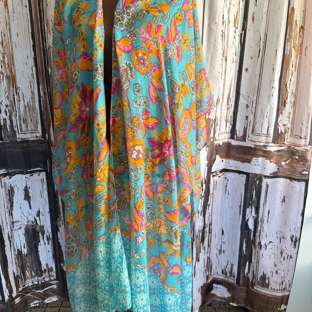 Cato One size  turquoise 
Floral Kimono Duster with Pink & Mustard,  Accents